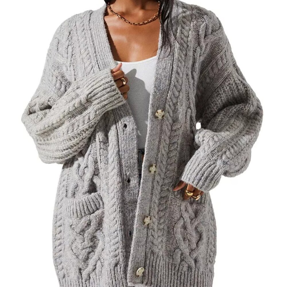 Astr The Label Charli Cable Knit Oversized Cardigan Sweater NWT, Gray, XS
